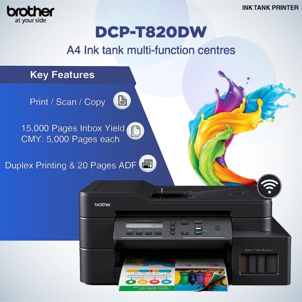 Brother Wireless All In One Ink Tank Printer DCP T820DW Automatic 2 Sided Features Mobile Cloud Print And Scan Network Connectivity High Yield Ink Bottles 2
