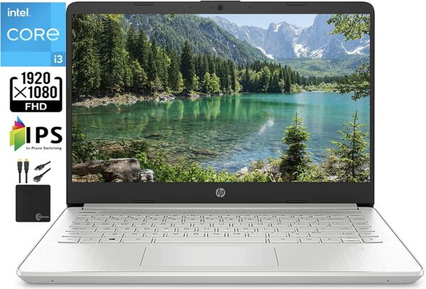 HP 2021 14 FHD IPS Laptop Computer11th Gen Intel i3 1115G4 Up to 4.1GHz Beat i5 1035G4 8GB RAM 256GB PCIe SSD FP HD WebcamWiFi Bluetooth 4.2 HDMI Win10 S Marxsol Cables Silver 0