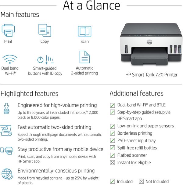 HP Smart Tank 720 All in One Printer Wireless Print Scan Copy Auto Duplex Printing Print up to 18000 black or 8000 color pages White Grey 6UU46A 3