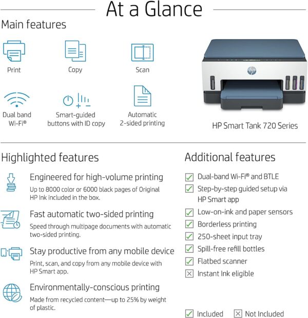 HP Smart Tank 725 All in One Printer wireless Print Scan Copy Auto Duplex Printing Print up to 18000 black or 8000 color pages White Blue 28B51A 3