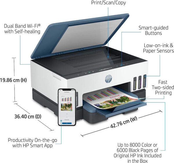 HP Smart Tank 725 All in One Printer wireless Print Scan Copy Auto Duplex Printing Print up to 18000 black or 8000 color pages White Blue 28B51A 4