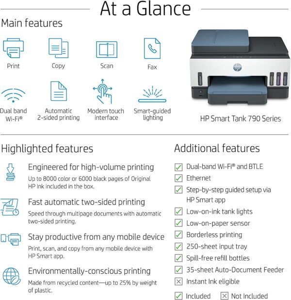 HP Smart Tank 795 All in One Printer wireless Print Scan Copy Fax Auto Duplex Printing Document Feeder Print up to 18000 black or 8000 color pages White Blue 28B96A 3