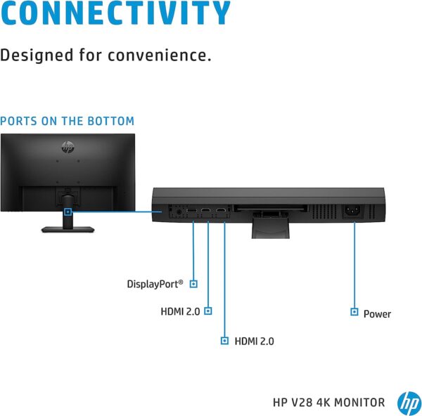 HP V28 4K Monitor Computer Monitor with 28 inch Diagonal Display 3840 x 2160 at 60 Hz and 1ms Response Time AMD Freesync Technology Dual HDMI and DisplayPort Low Blue Light 8WH57AAABA 2
