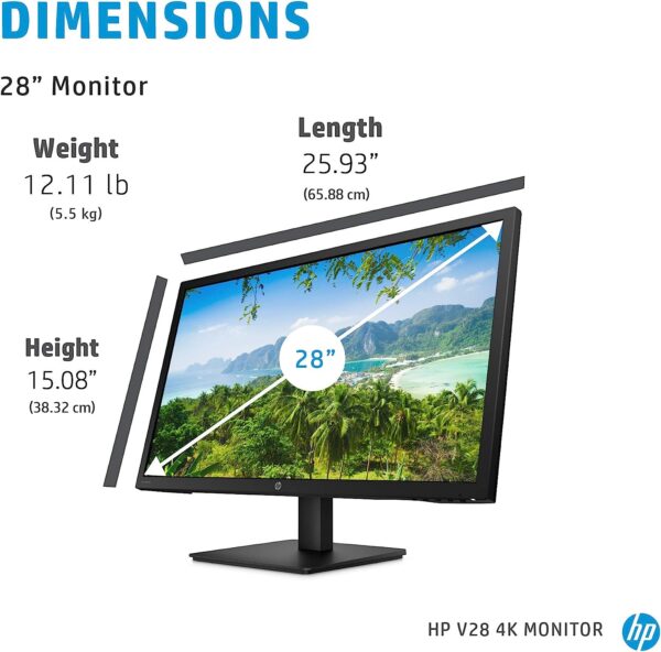 HP V28 4K Monitor Computer Monitor with 28 inch Diagonal Display 3840 x 2160 at 60 Hz and 1ms Response Time AMD Freesync Technology Dual HDMI and DisplayPort Low Blue Light 8WH57AAABA 3