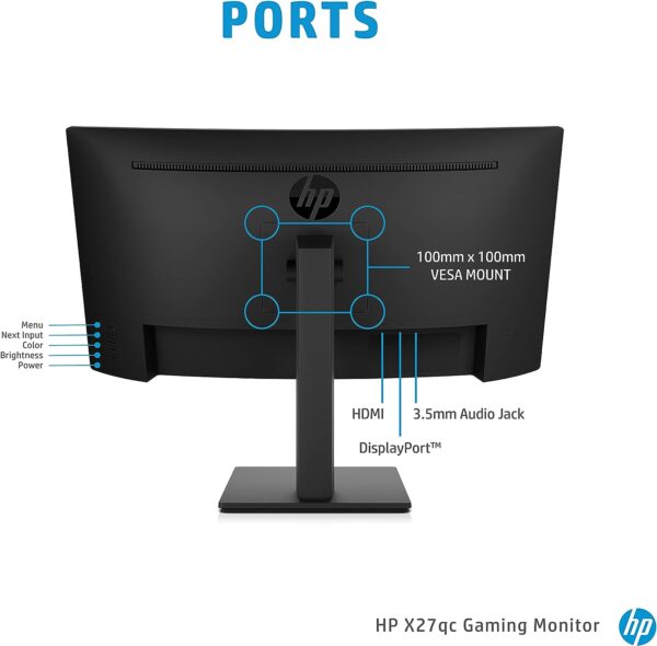 HP X27qc Curved Gaming Monitor 165Hz VA Full HD 2560 x 1440 27 Inch 1ms response time AMD Freesync Premium 1 HDMI 1 DP Black 3
