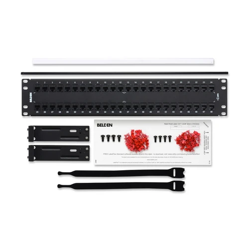 The Belden AX103255 CAT 6 KeyConnect Patch Panel is a high-performance, 48-port, 2U patch panel designed for structured cabling applications. Manufactured to meet industry standards, it supports TIA Category 6 and ISO Class E requirements