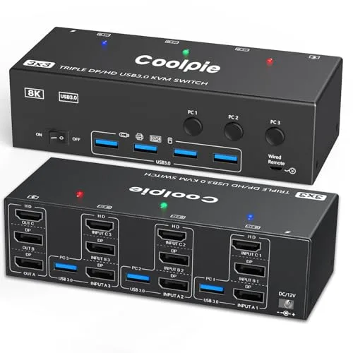 Triple Monitor KVM Switch 3 Computers W/Displayport HDMI,Ultra HD HDMI 8K@60Hz/4K@120Hz, DP 8K@30Hz/4K@144Hz,1 HDMI&2 DisplayPorts 4 USB 3.0 Ports-Wired Remote&6 DP 3 HDMI 3 USB Cables Included  Electronics