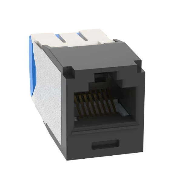 The CJ6X88TGBL Mini-Com® UTP RJ45 Cat 6A TG Jack Module is designed for the termination of 4-pair, 22-26 AWG twisted pair cables. It features a TG (Toolless Grounding) style termination, eliminating the need for a termination tool.